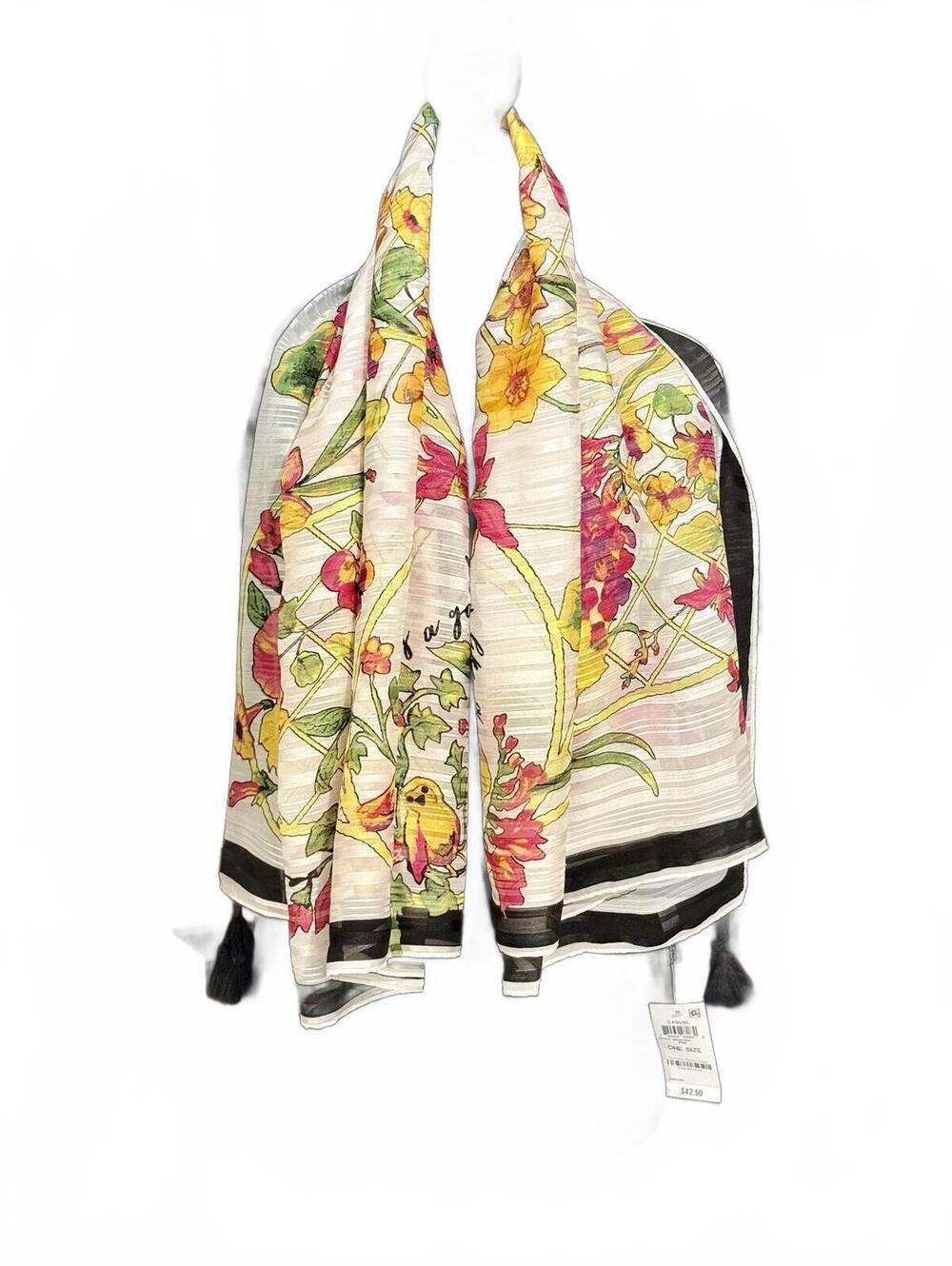 INC Floral Scarf NWT Oversized Sheer Tassel White Black Yellow Pink